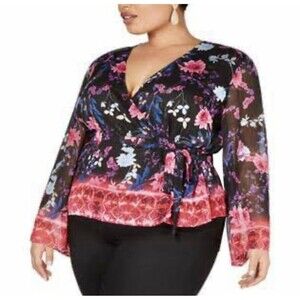 INC BLOUSE TOP WOMEN'S SIZE M METALLIC FLORAL WRAP BLOUSE V NECK LONG SLEEVES